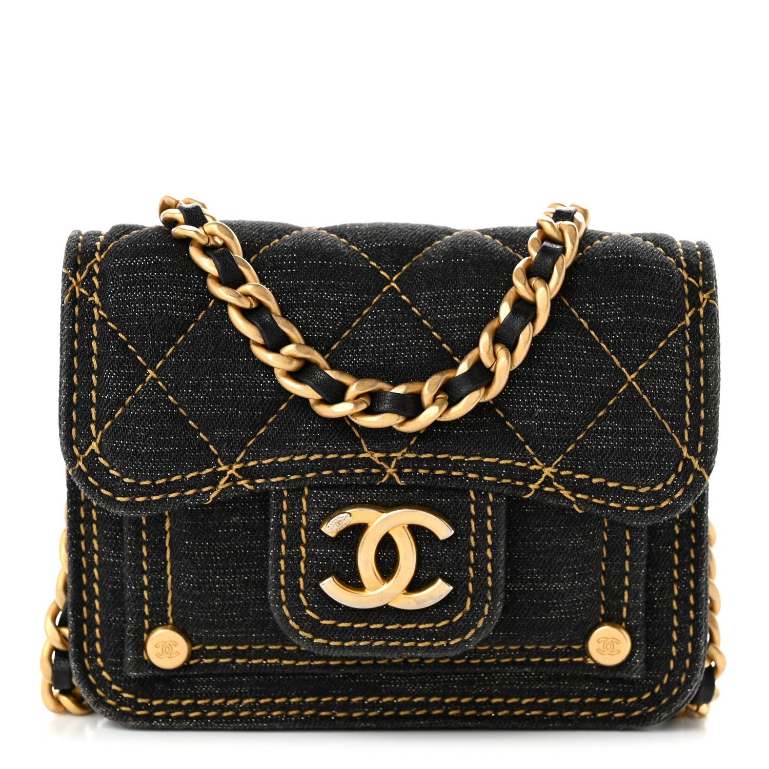 Chanel Denim Quilted Double You Card Holder On Chain Black Golden