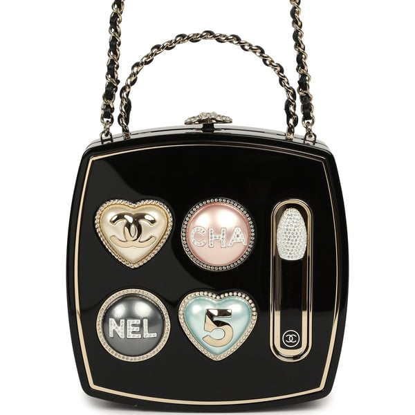 Chanel Makeup Palette Minaudiere Clutch with Chain Black, Multicolor Plexiglass, Strass, Light Gold Hardware