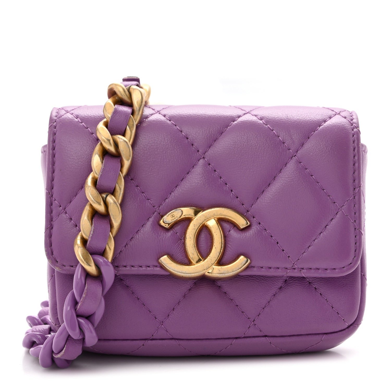 Chanel Lambskin Lacquered Metal Quilted Flap Chain Belt Bag Purple