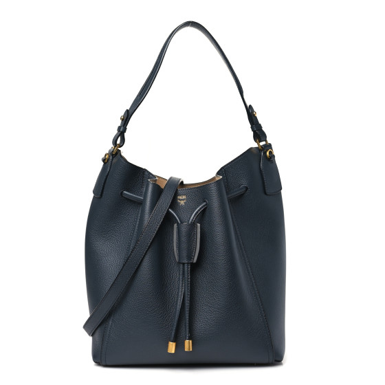 MCM Grained Calfskin Milla Drawstring Bucket Bag Phantom Gray