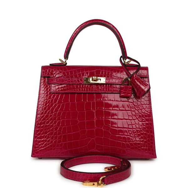 Pre-owned Hermes Kelly Sellier 25 Rose Pourpre Shiny Alligator Gold Hardware