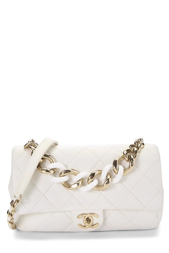 White Quilted Lambskin Elegant 'CC' Flap Bag Small