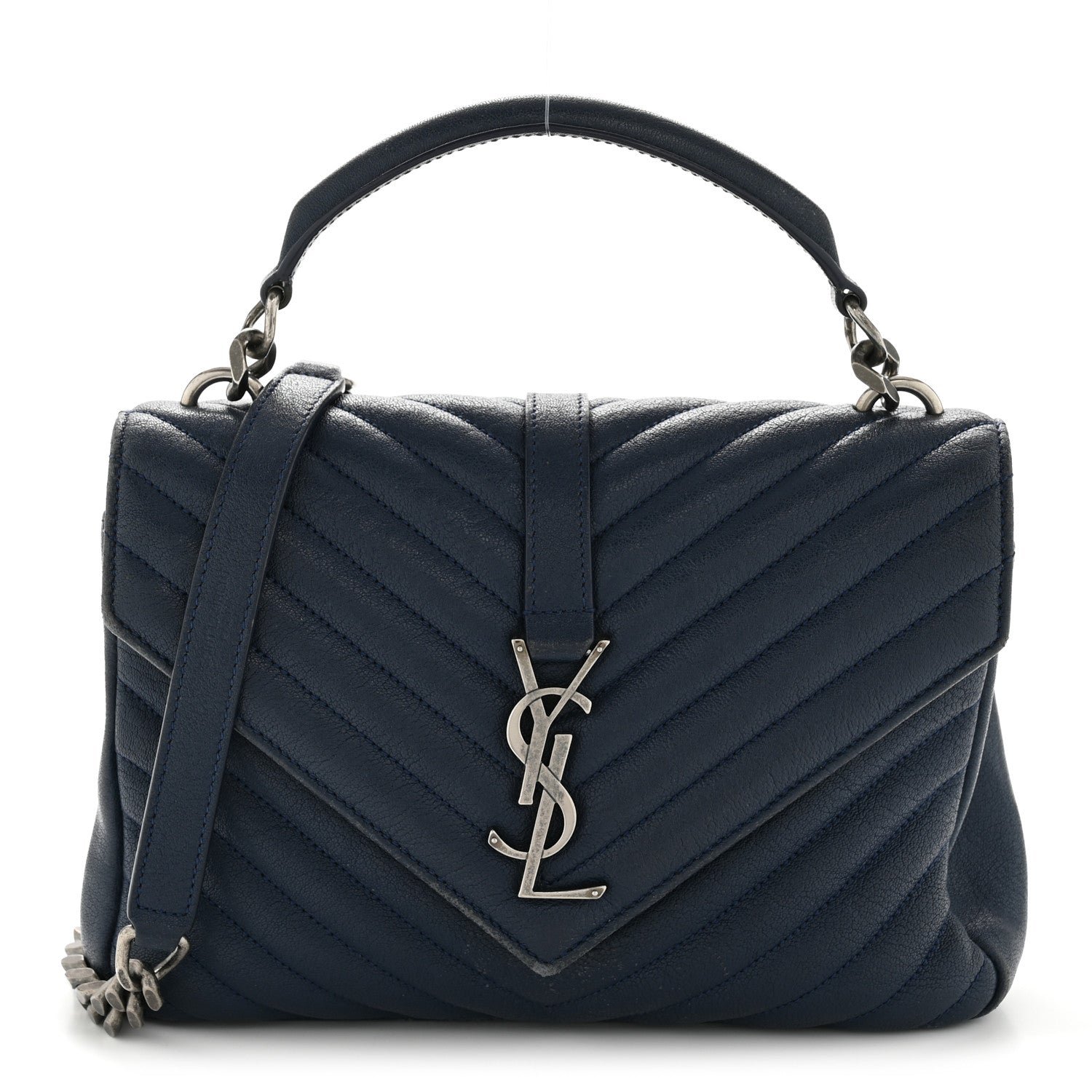 Saint Laurent Sheepskin Matelasse Chevron Monogram Medium College Bag Navy