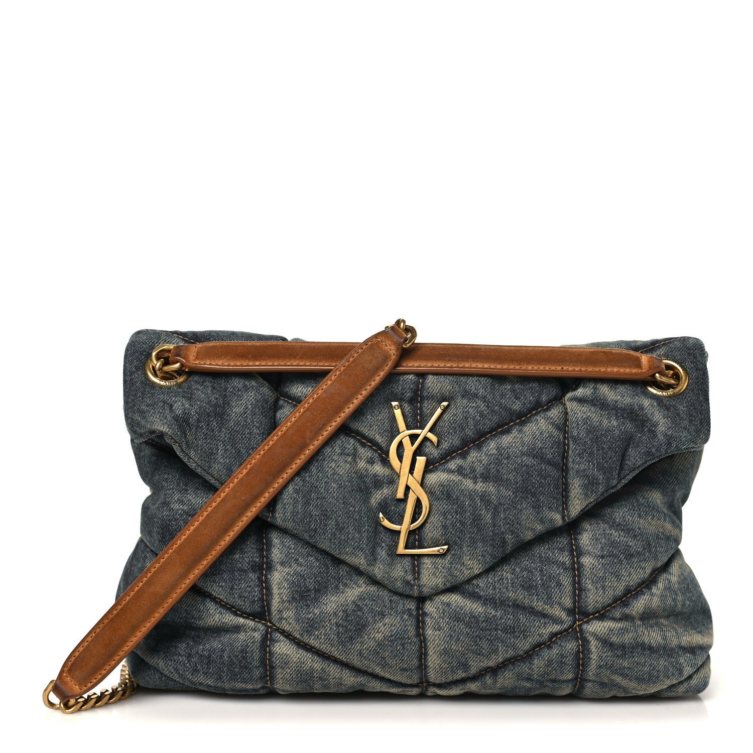 Saint Laurent Denim Quilted Small Loulou Puffer Monogram Chain Satchel Blue Cinnamon