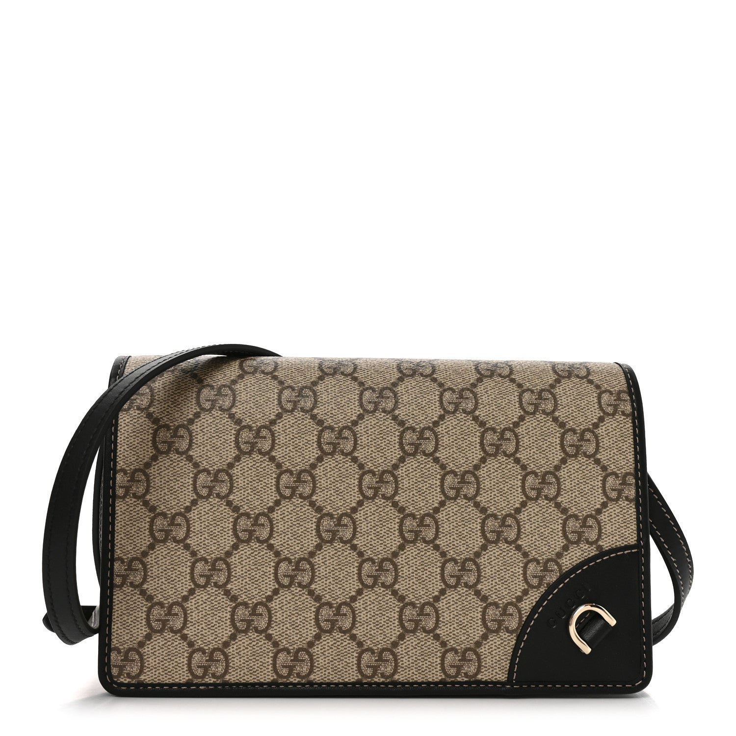 Gucci GG Emblem Monogram Wallet With Strap Beige Ebony Black