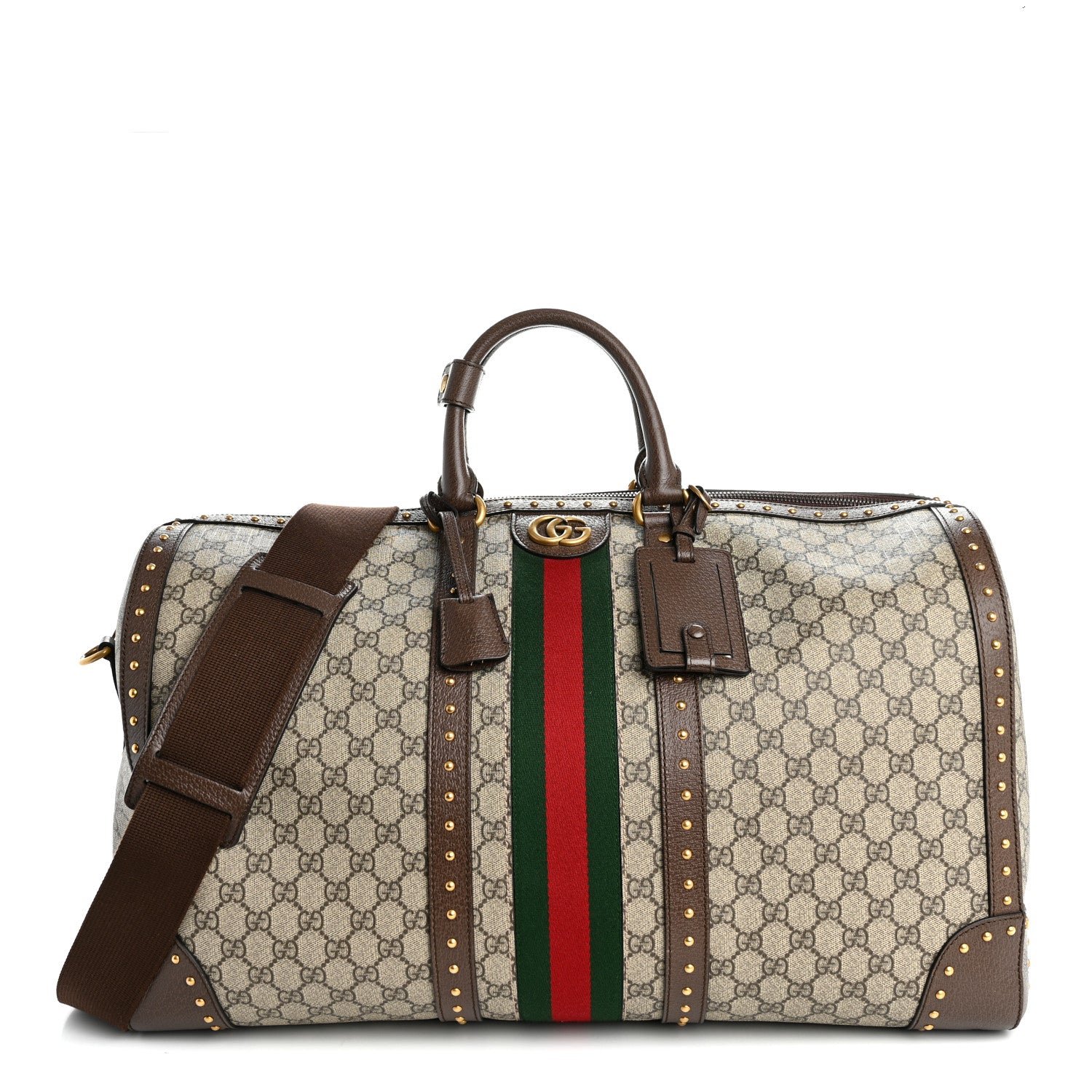 Gucci GG Supreme Monogram Textured Dollar Calfskin Web Studded Large Savoy Duffle Bag Beige Ebony