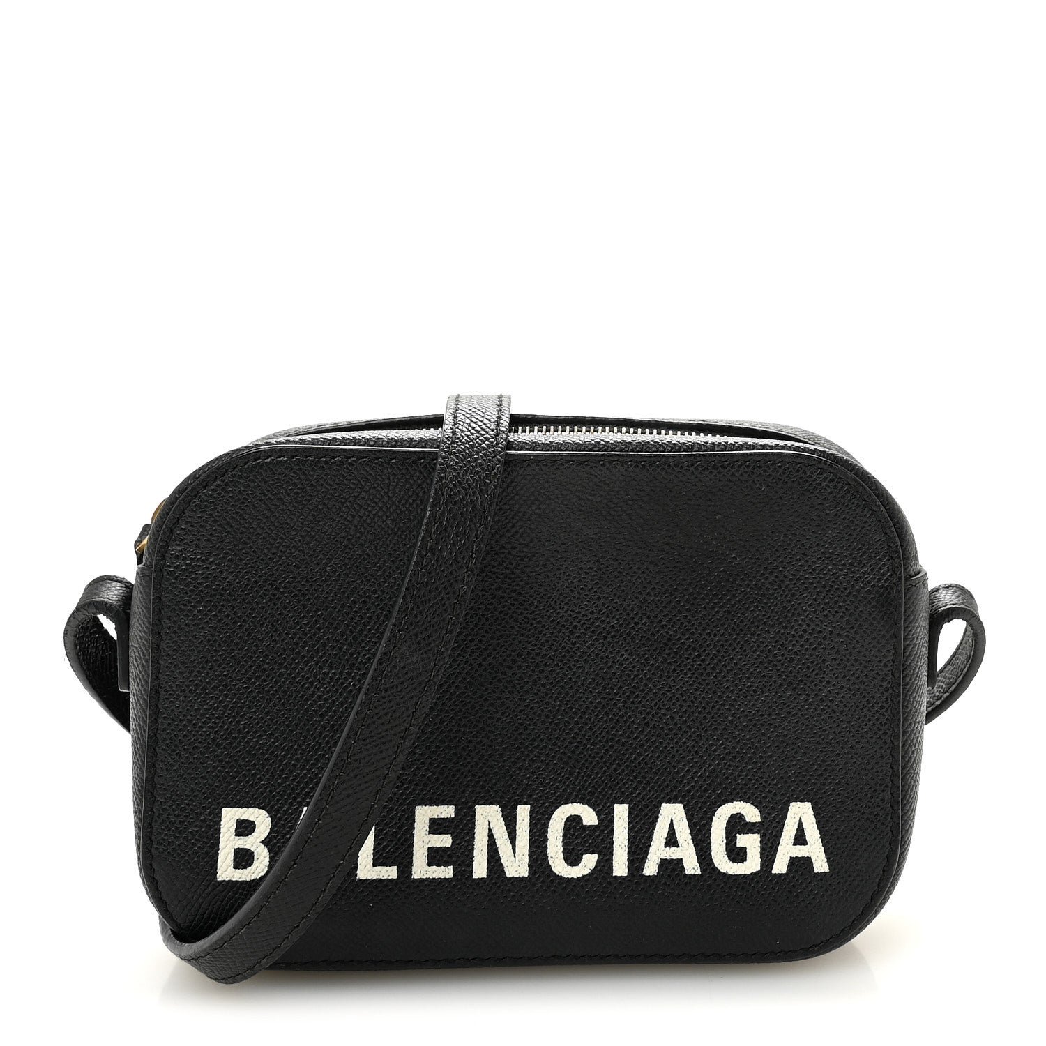 Balenciaga Signature Grained Calfskin Logo XS Ville Camera Bag Black White