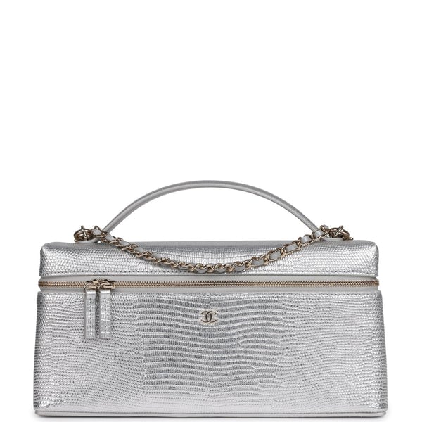 Chanel East West Top Handle Long Vanity Case with Chain Silver Metallic Lizard Embossed Calfskin Light Gold Hardware