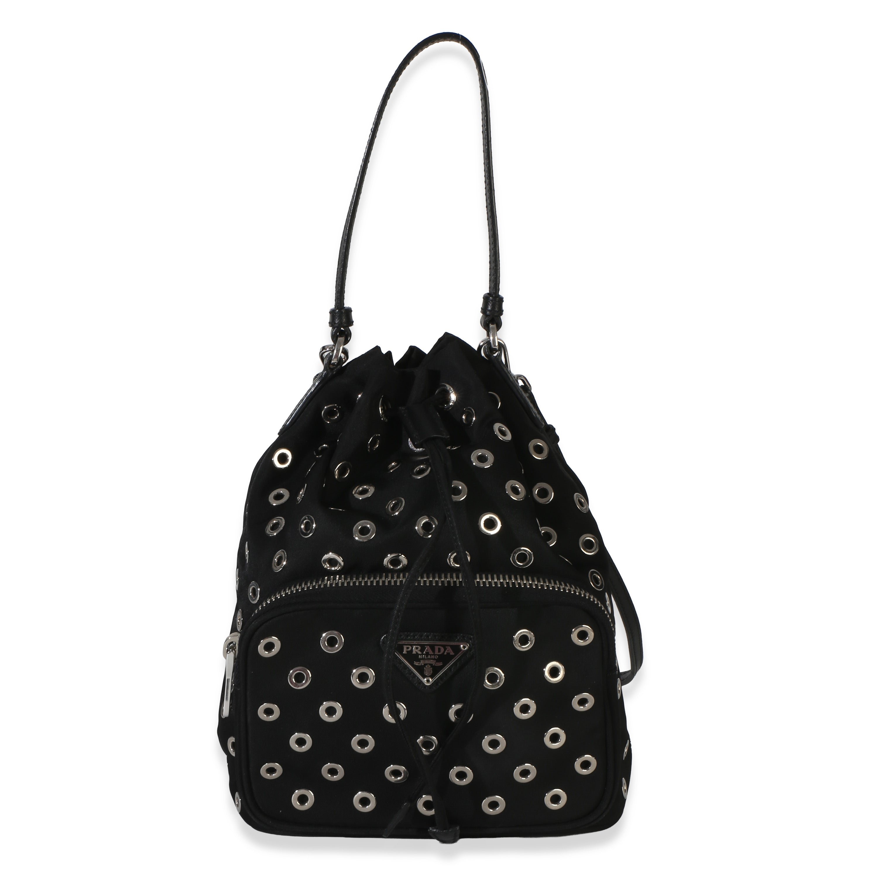 Prada Black Tessuto Nylon Saffiano Grommet Mini Bucket Bag