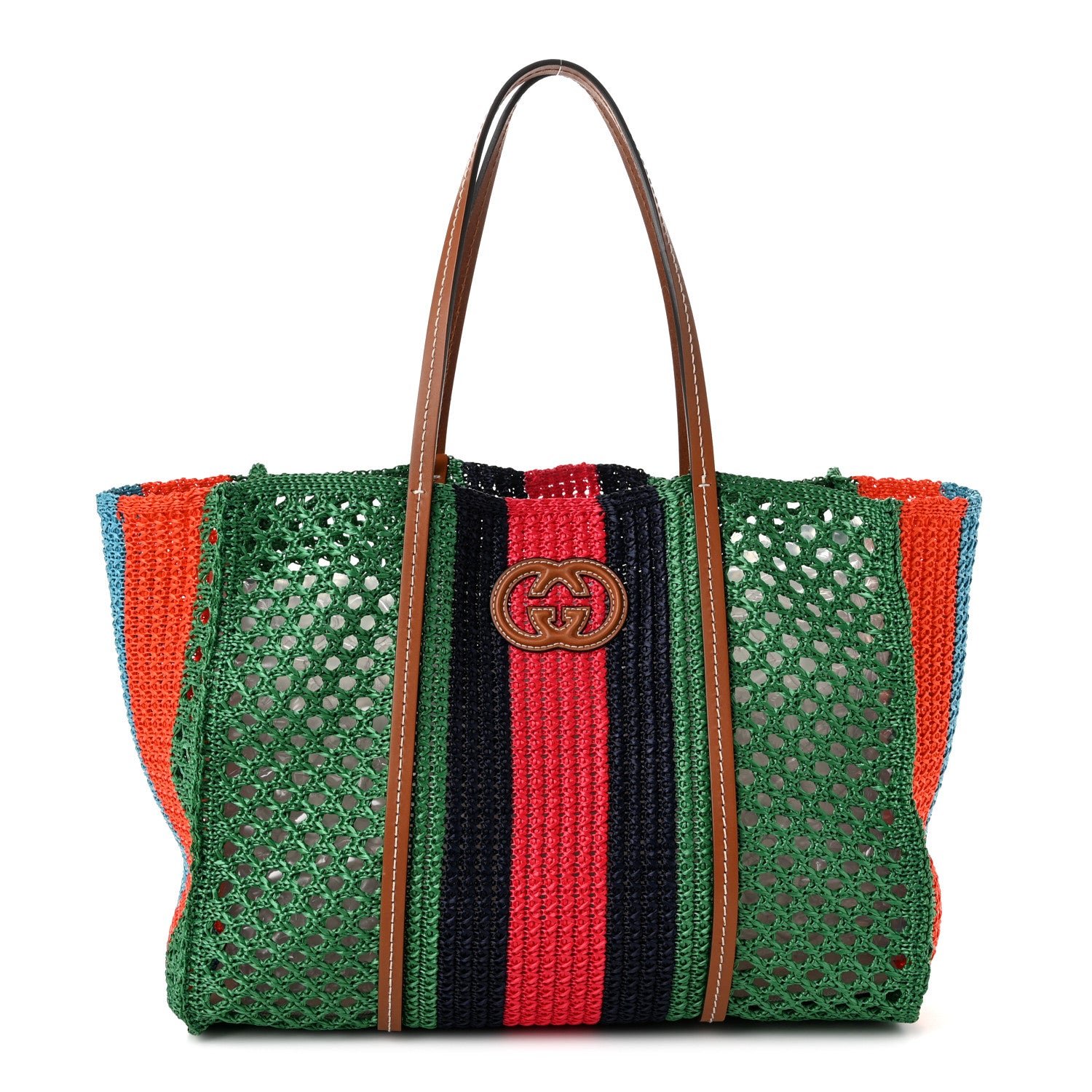 Gucci Raffia Web Woven Medium Interlocking G Tote Green