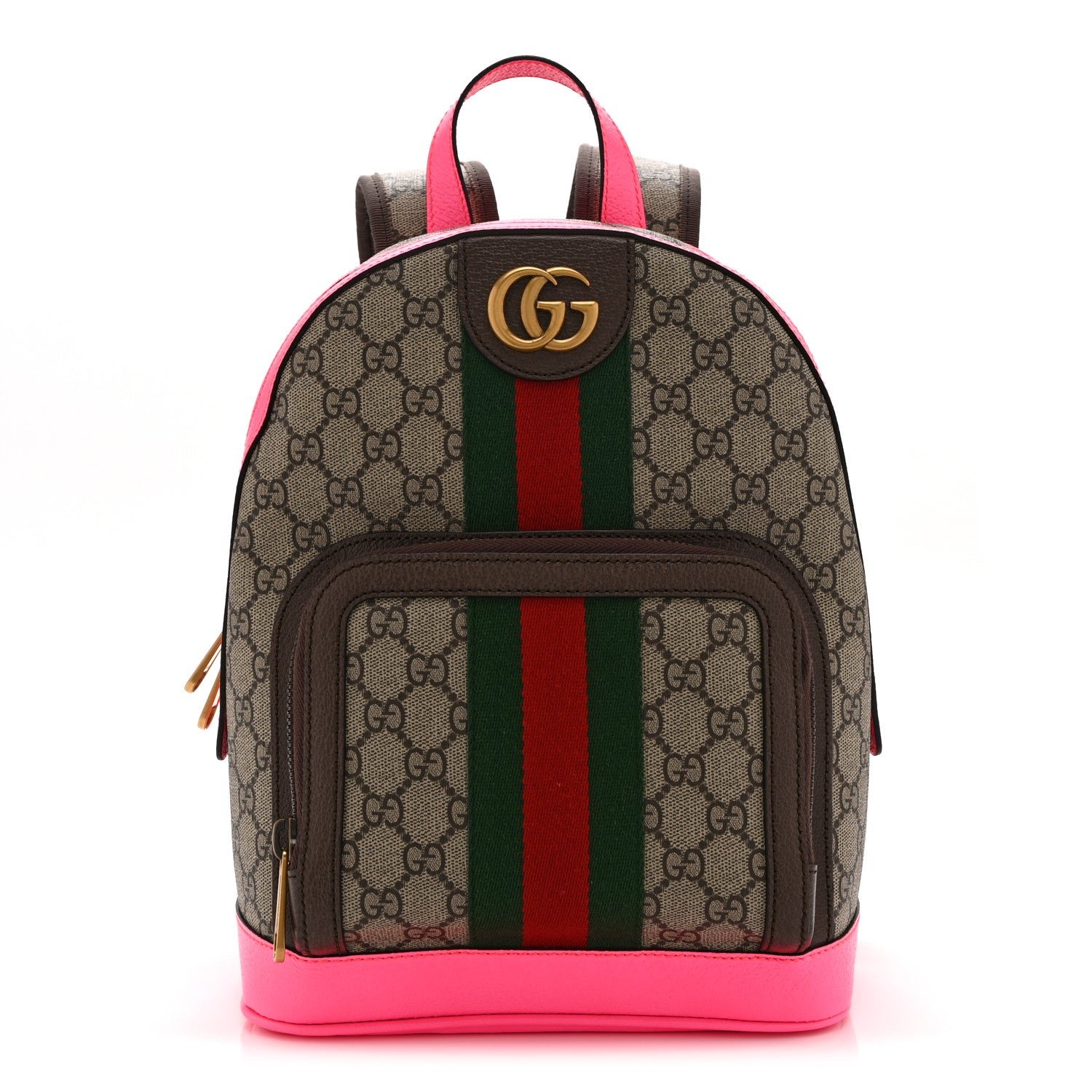 Gucci GG Supreme Monogram Textured Dollar Calfskin Web Small Ophidia Day Backpack Beige Ebony Fluorescent Fuchsia