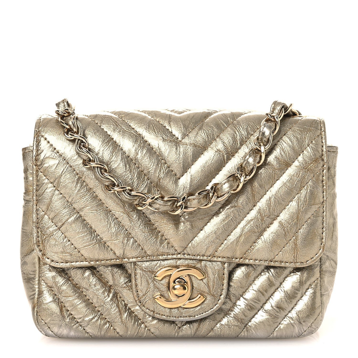 Chanel Metallic Crumpled Calfskin Chevron Quilted Mini Square Flap Gold