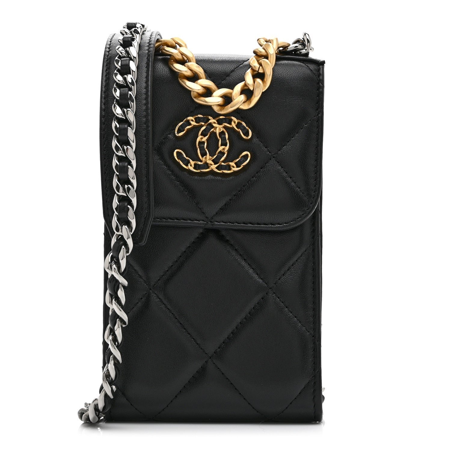 Chanel Lambskin Quilted Chanel 19 Phone Holder With Chain Black