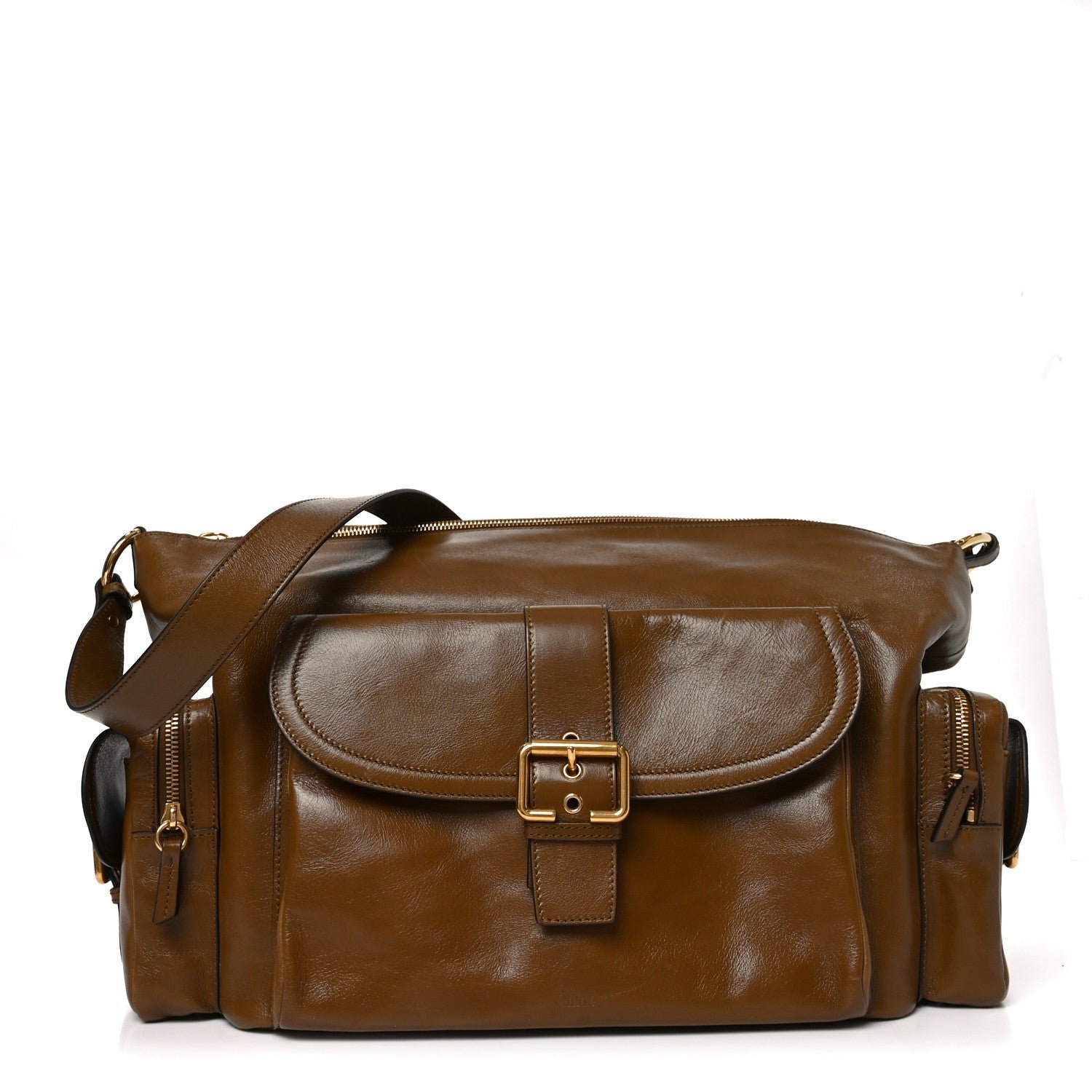 Chloe Shiny Calfskin Large Double Carry Camera Bag Dark Khaki