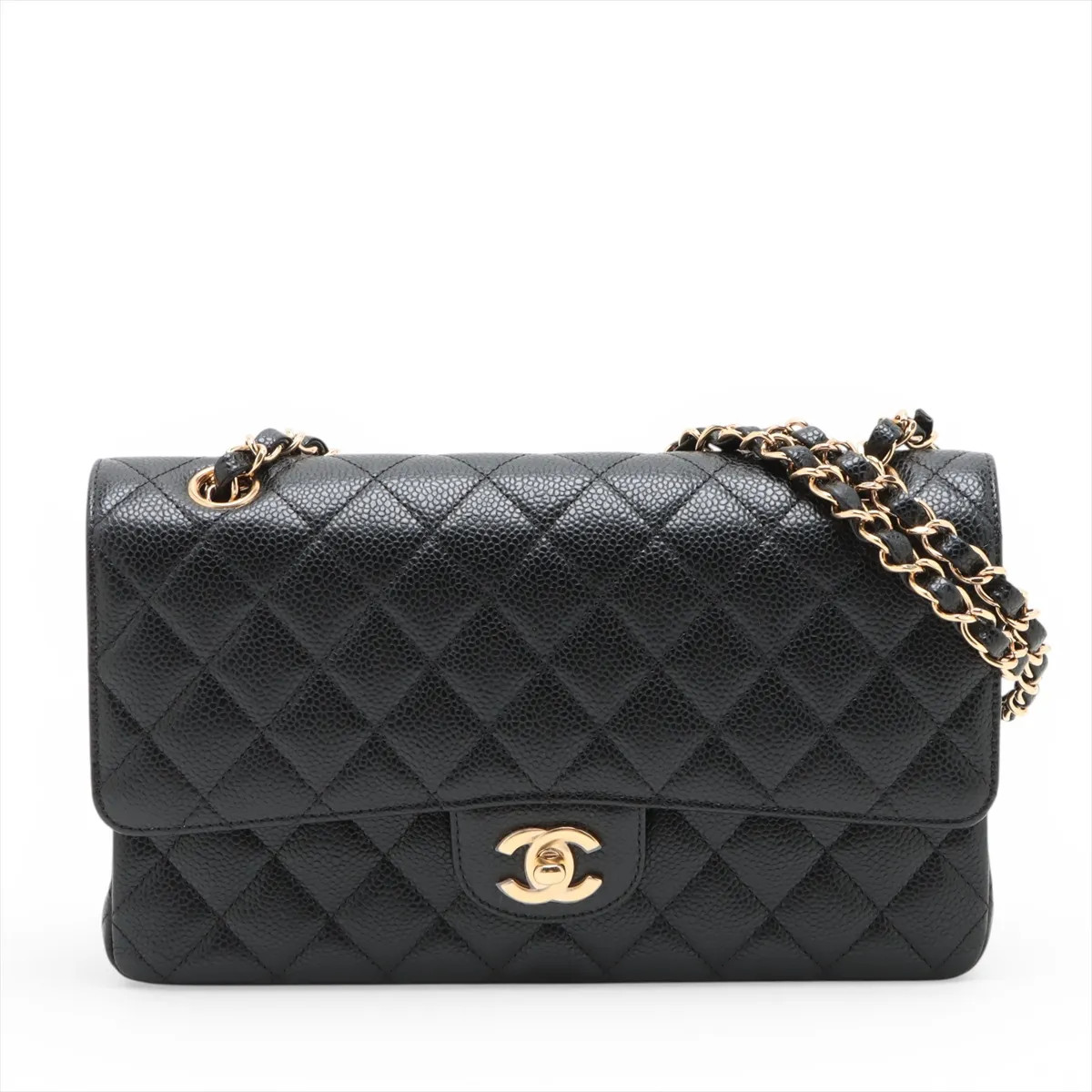 Chanel Matelasse 25 Caviar Skin Double Flap Double Chain Bag Black Gold Metal Fi
