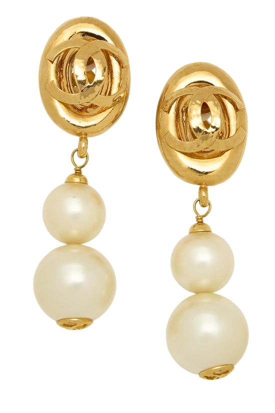 Gold Faux Pearl 'CC' Dangle Earrings
