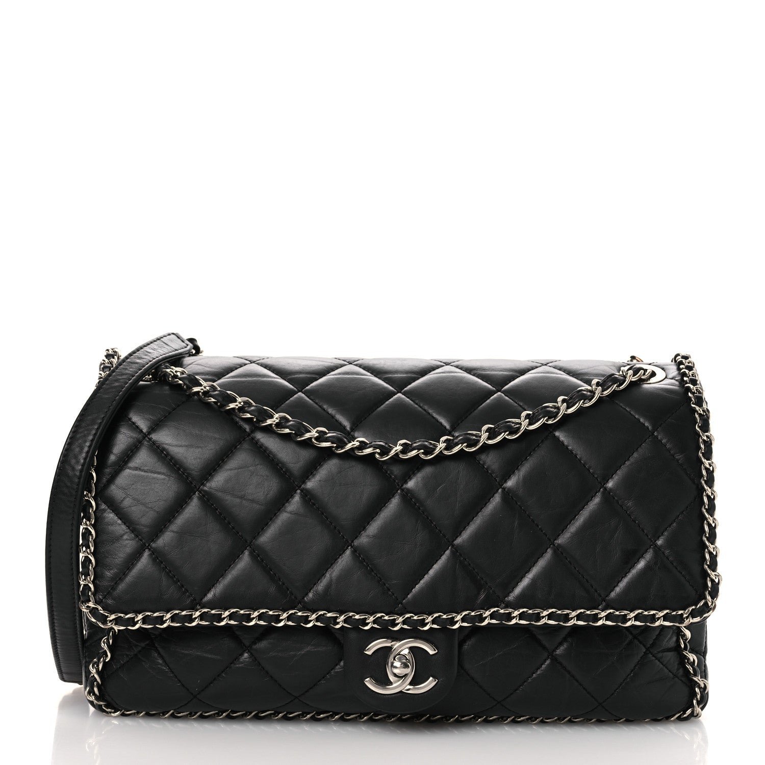 Chanel Crumpled Calfskin Quilted Large Chain Around Flap Black