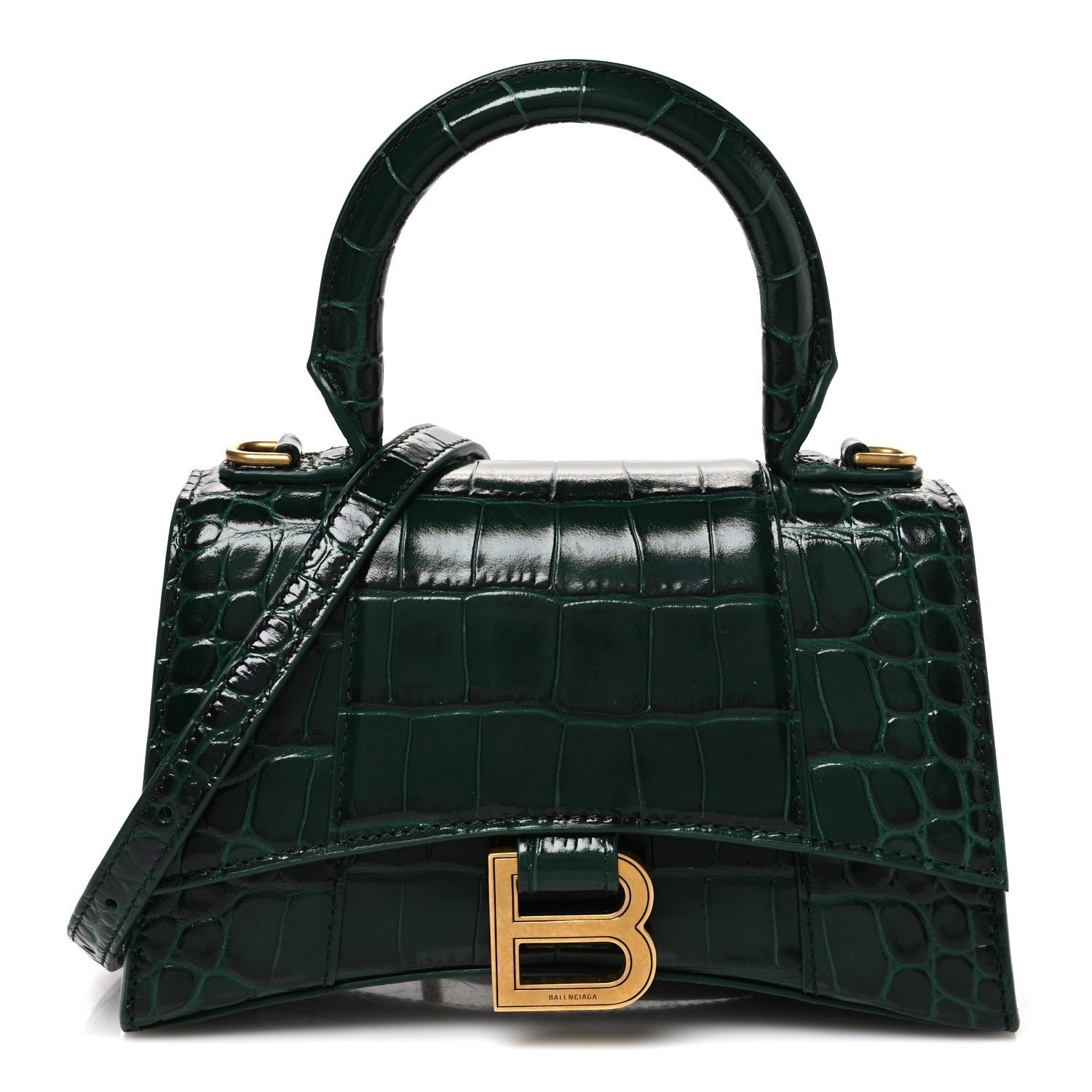 Balenciaga Shiny Calfskin Crocodile Embossed Hourglass Top Handle Bag XS Forest Green