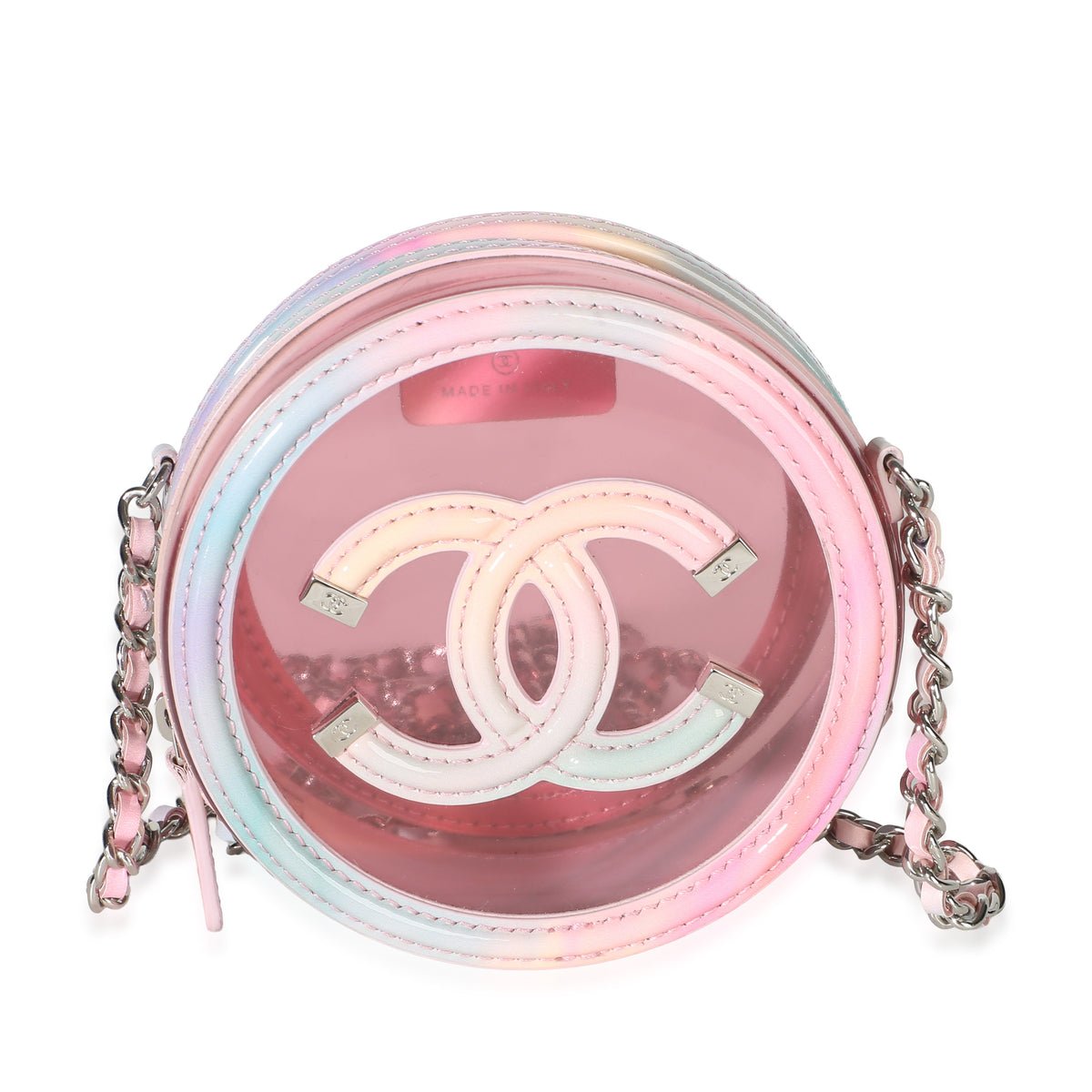 Pink Lambskin PVC Filigree Round Clutch With Chain