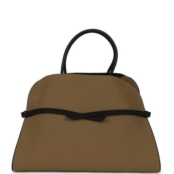 The Row Margaux 15 Ceinture Bag Fango Canvas, Black Saddle Gold Hardware