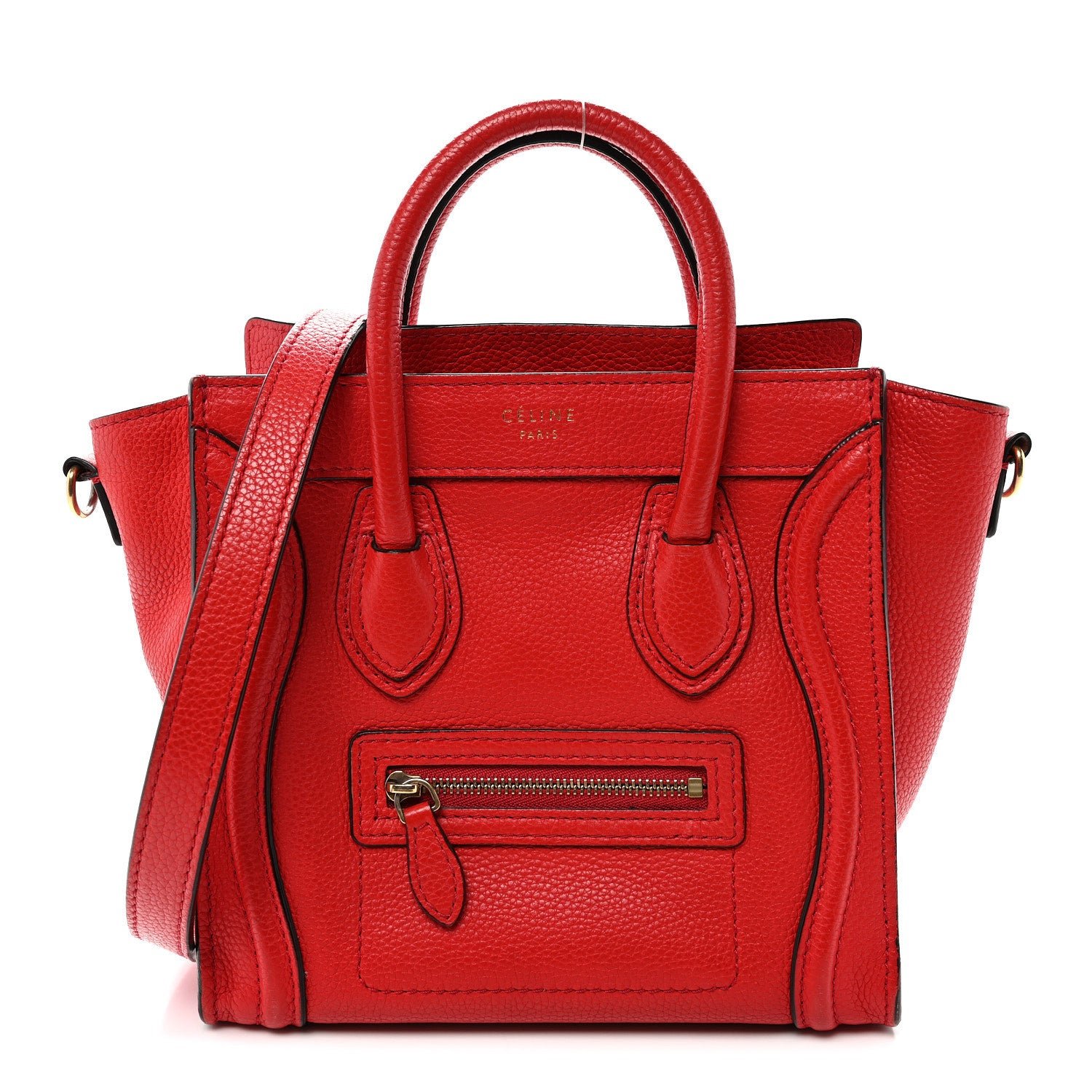 Celine Drummed Calfskin Nano Luggage Vermillion