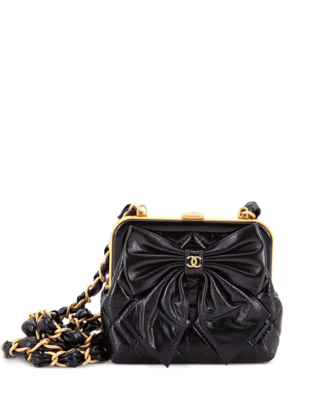 Bow Frame Clutch With Chain Quilted Patent with Lambskin Mini crossbody bag