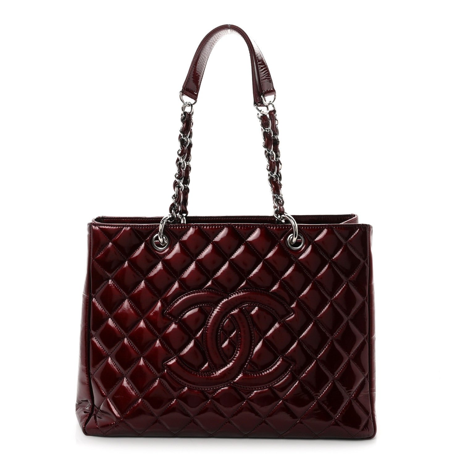 Chanel Patent Quilted Grand Shopping Tote GST Dark Bordeaux