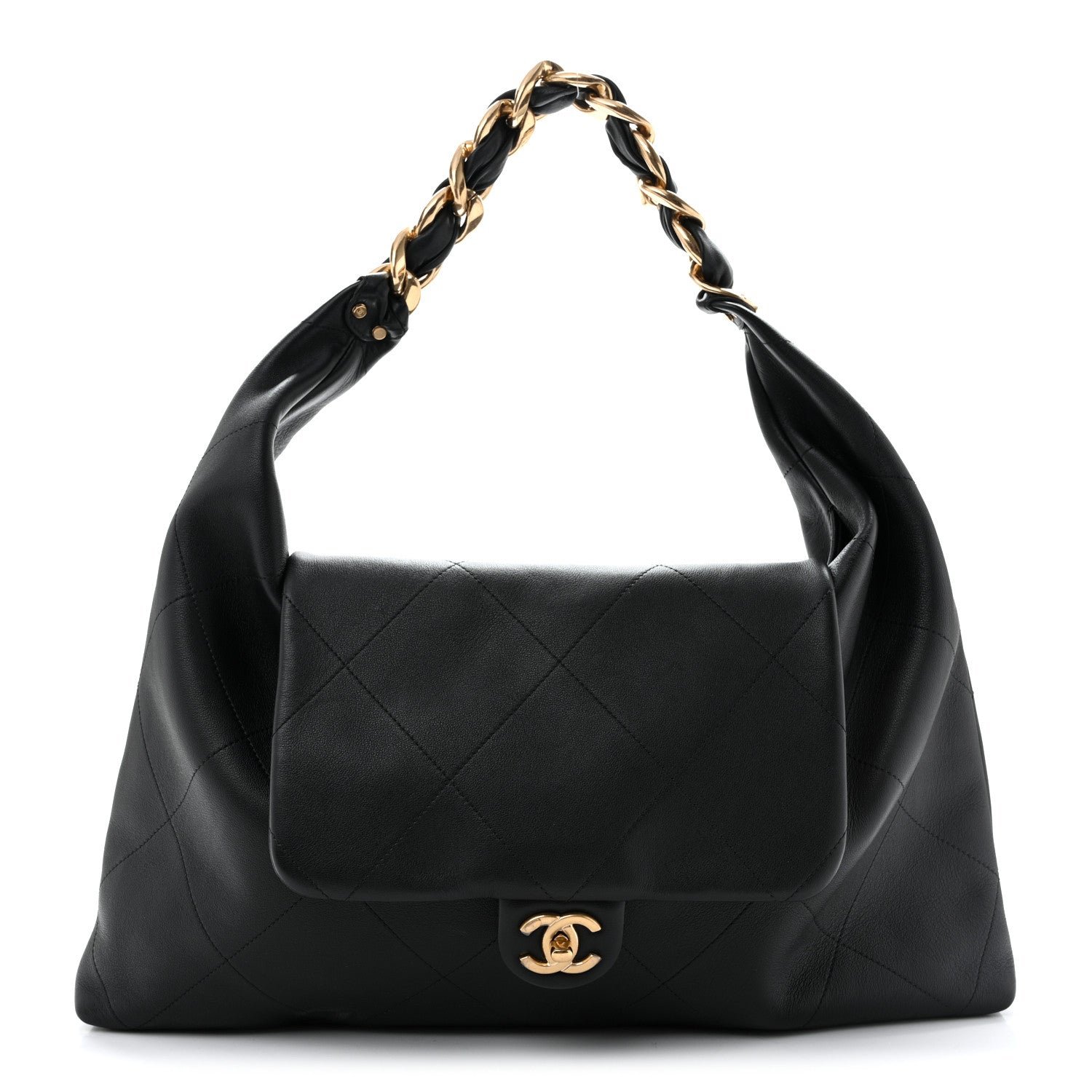 Chanel Shiny Calfskin Quilted Maxi Chain Hobo Black