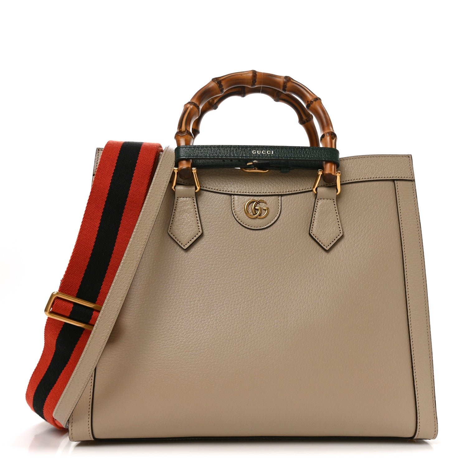 Gucci Textured Dollar Calfskin Web Medium Diana Tote Bag Oatmeal Vintage Green