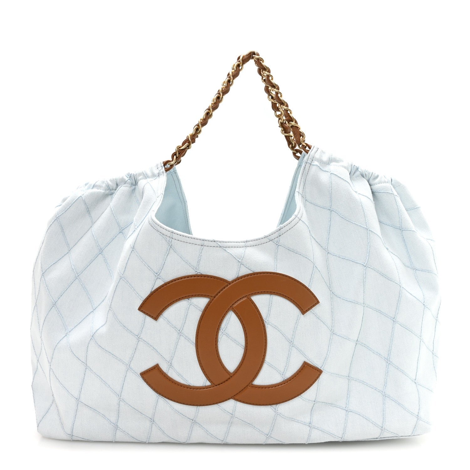 Chanel Denim Calfskin Quilted Coco Beach Small Shopping Tote Light Blue Brown