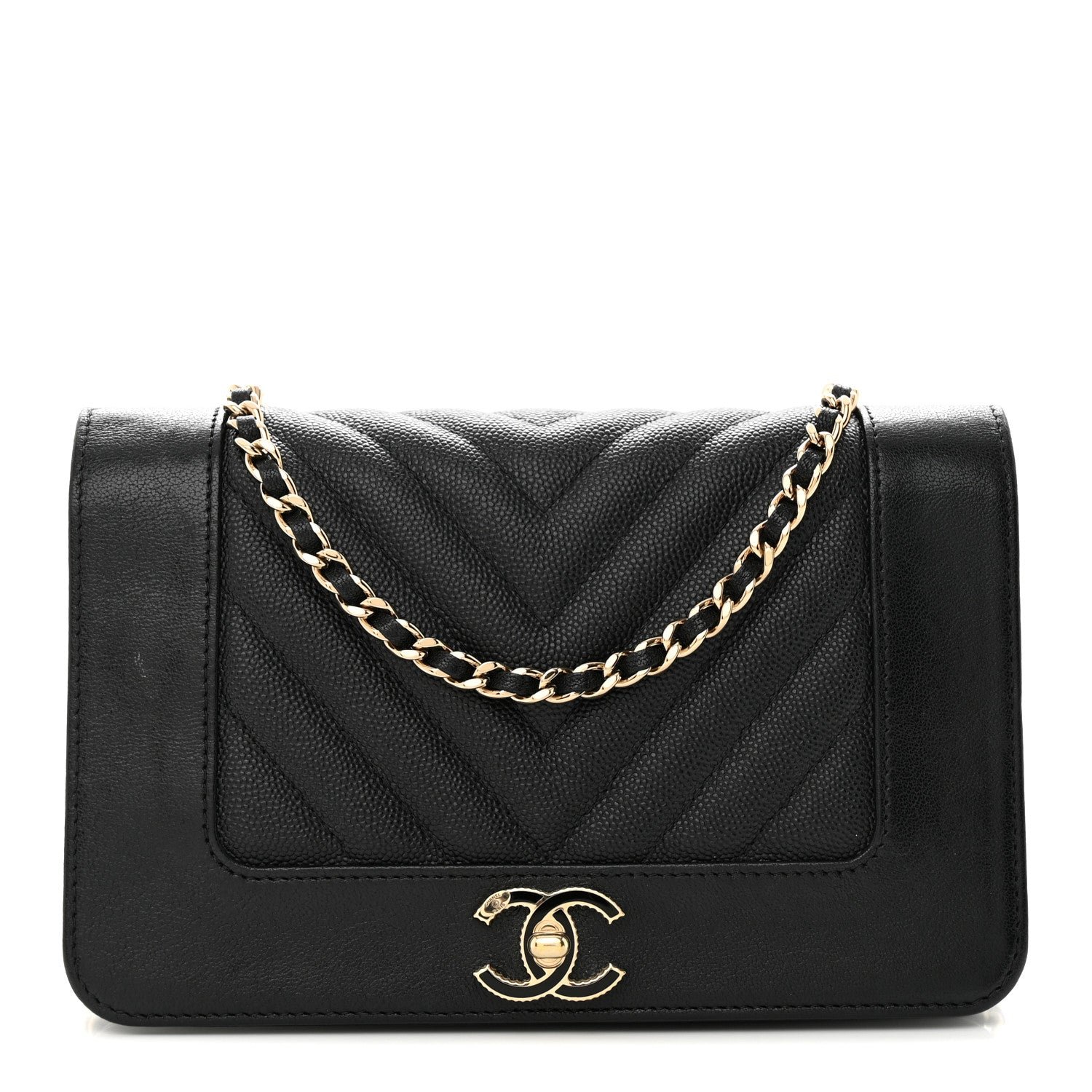 Chanel Caviar Chevron Quilted Vintage Mademoiselle Wallet On Chain WOC Black