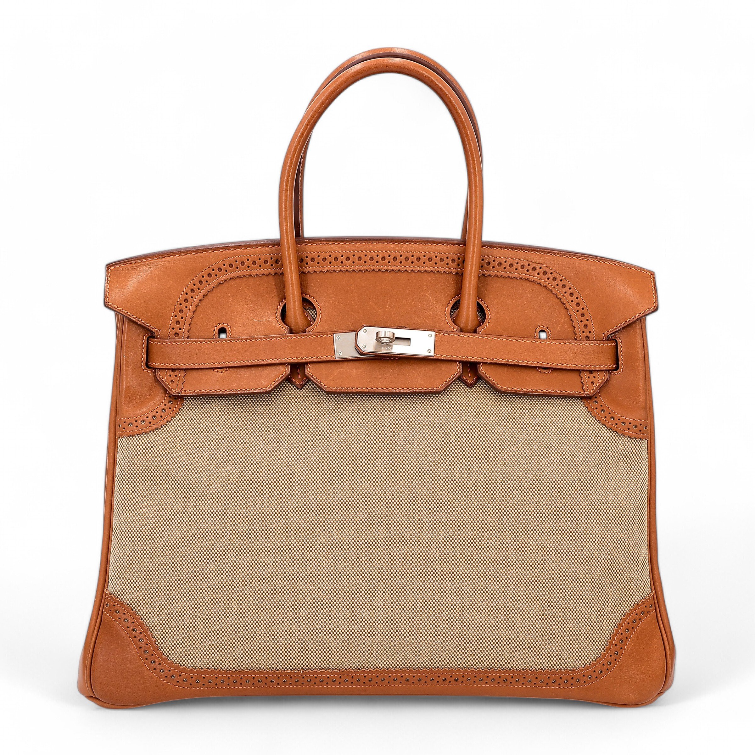 Hermes Very Good ( Rank A) HERMÈS Limited Edition Birkin Ghillies 35 Ficelle Fauve (34) Canvas Barenia Brushed Palladium Square R (2014)