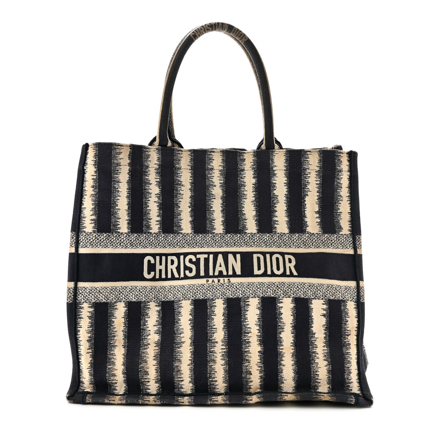 Christian Dior Canvas Embroidered Large Striped Book Tote Navy