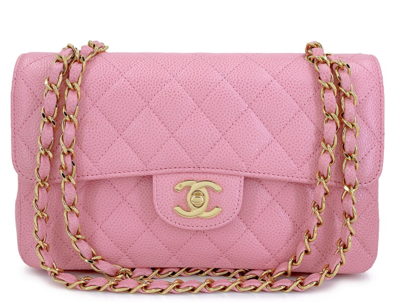 Sakura Pink Quilted Caviar Small Classic Double Flap Bag Gold Hardware, 2006