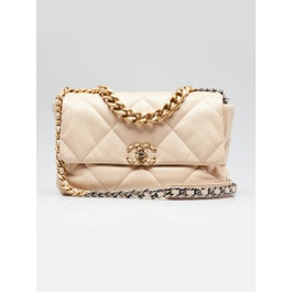 Chanel Beige Quilted Goatskin Leather Large Chanel 19 Flap Bag