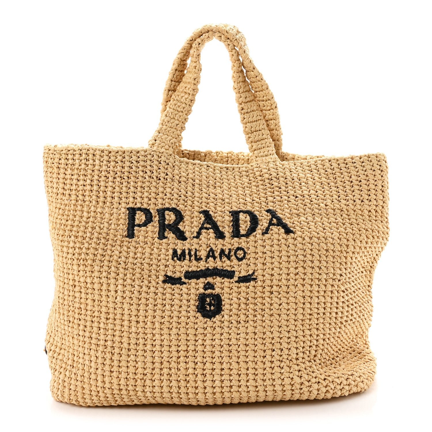 Prada Yarn Raffia Effect Crochet Embroidered Logo Tote Naturale