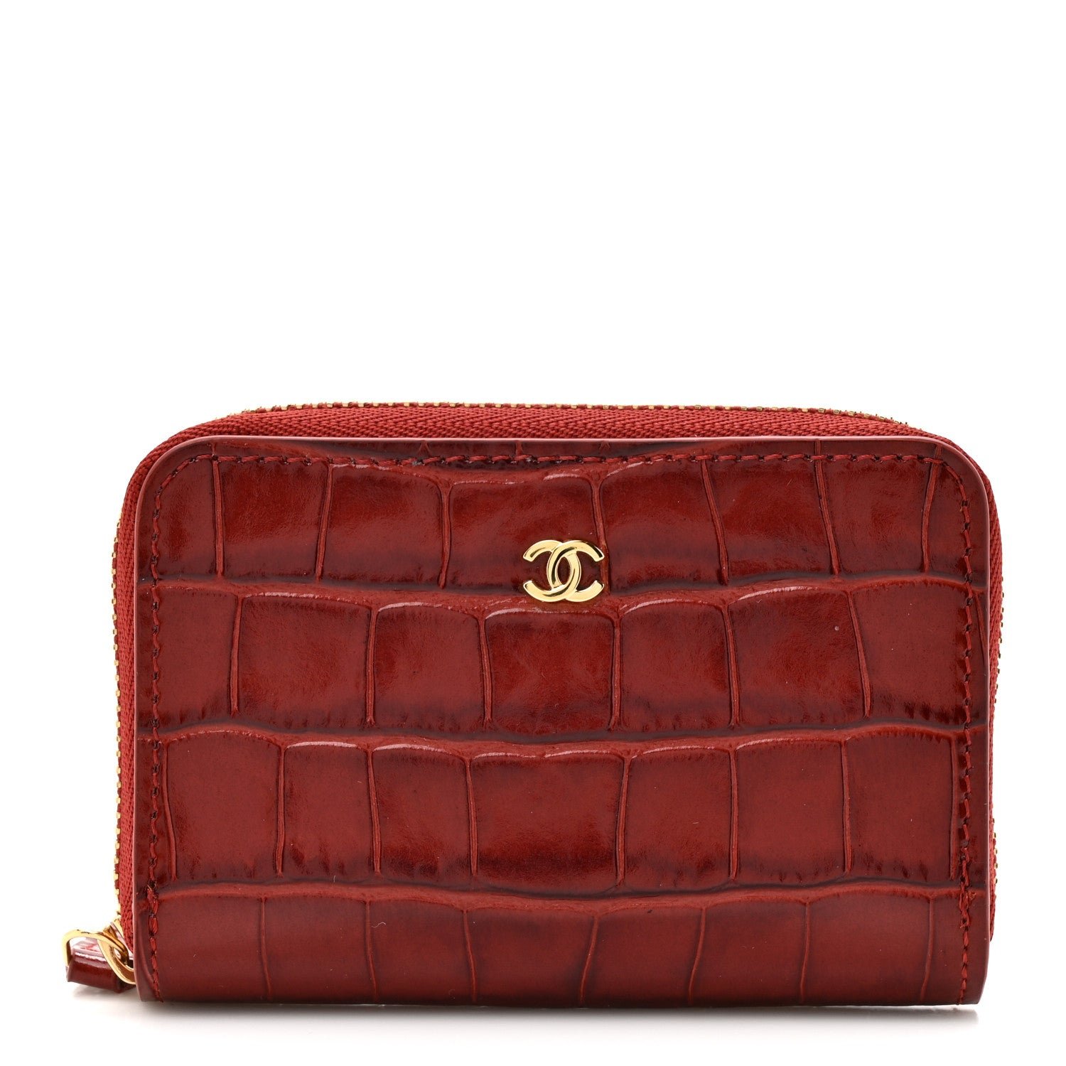 Chanel Calfskin Crocodile Embossed Crococo Zip Coin Purse Burgundy