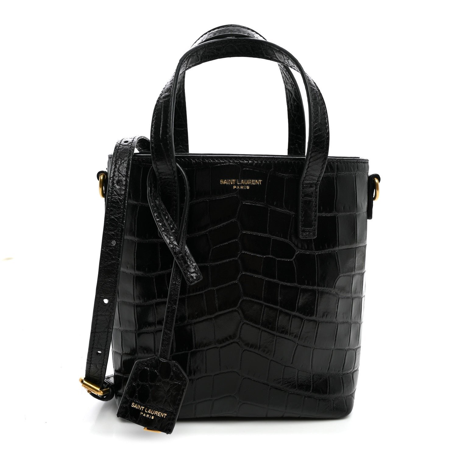 Saint Laurent Calfskin Crocodile Embossed Paris Mini Toy Shopper Tote Black