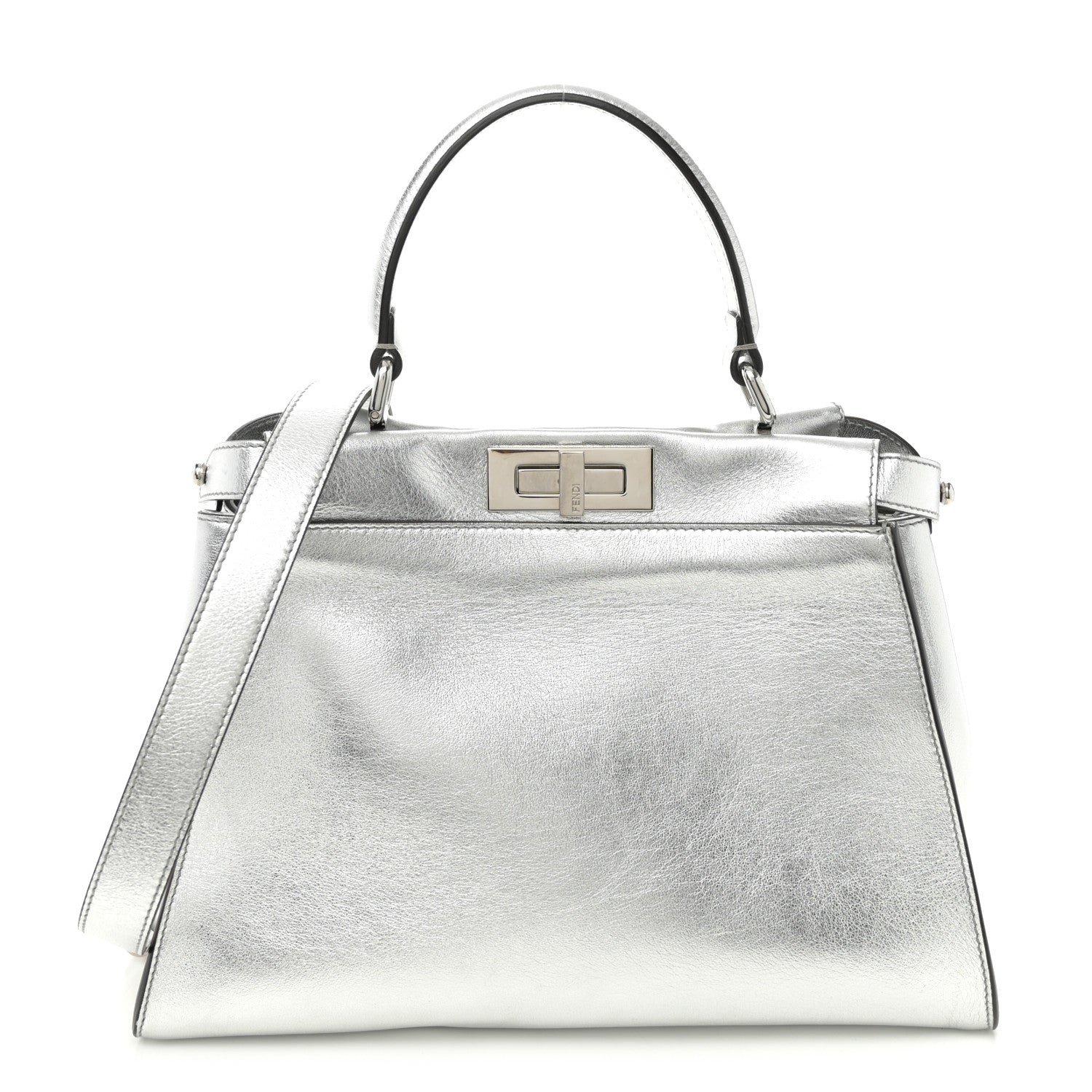 Fendi Vitello Catalan Mirror Medium Peekaboo Iconic Satchel Argento