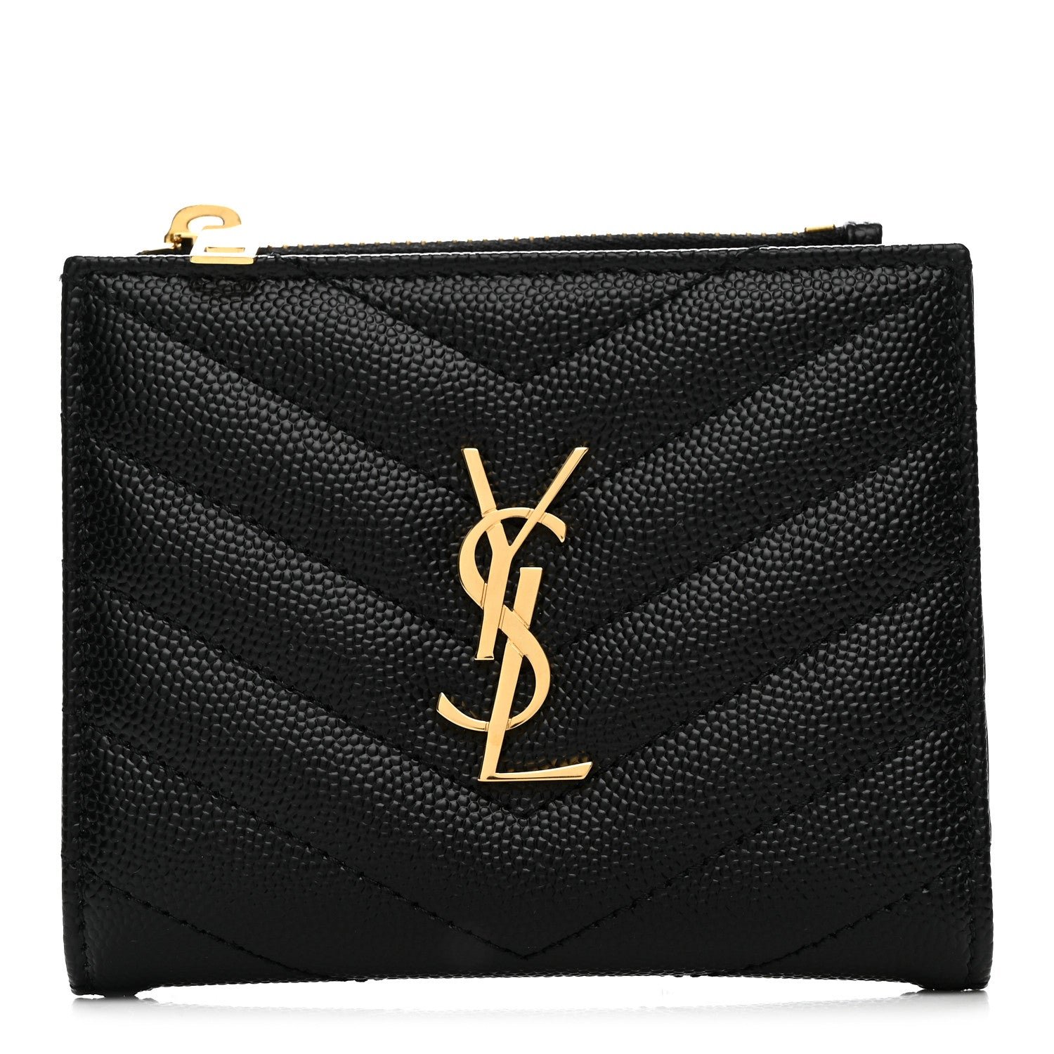 Saint Laurent Grain De Poudre Matelasse Chevron Monogram Zipped Card Case Black