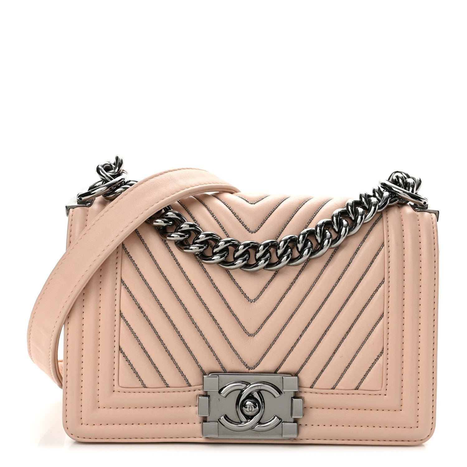 Chanel Lambskin Chevron Chain Stitched Small Boy Flap Nude