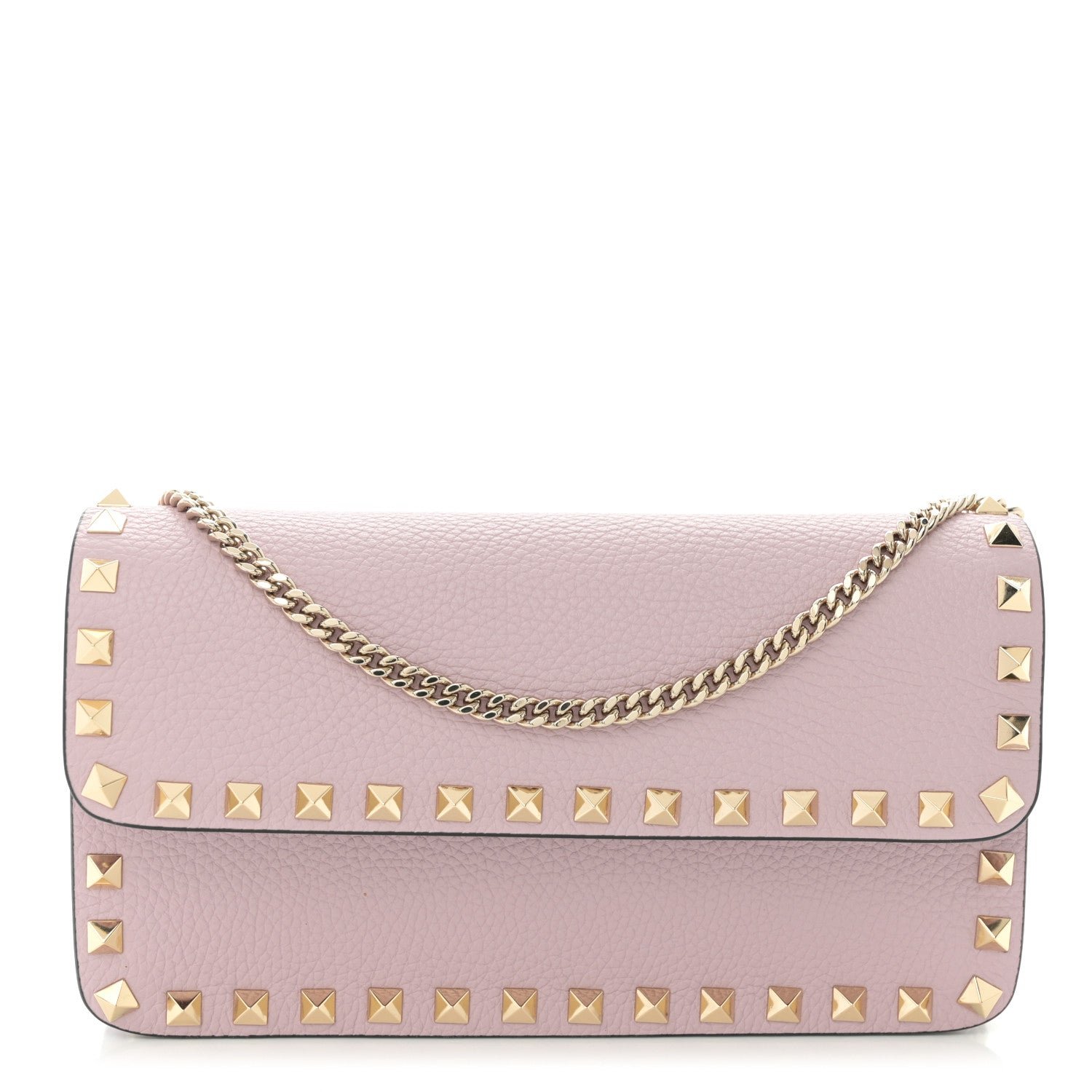 Valentino Garavani Pebbled Calfskin Rockstud Flap Wallet On Chain Water Lilac