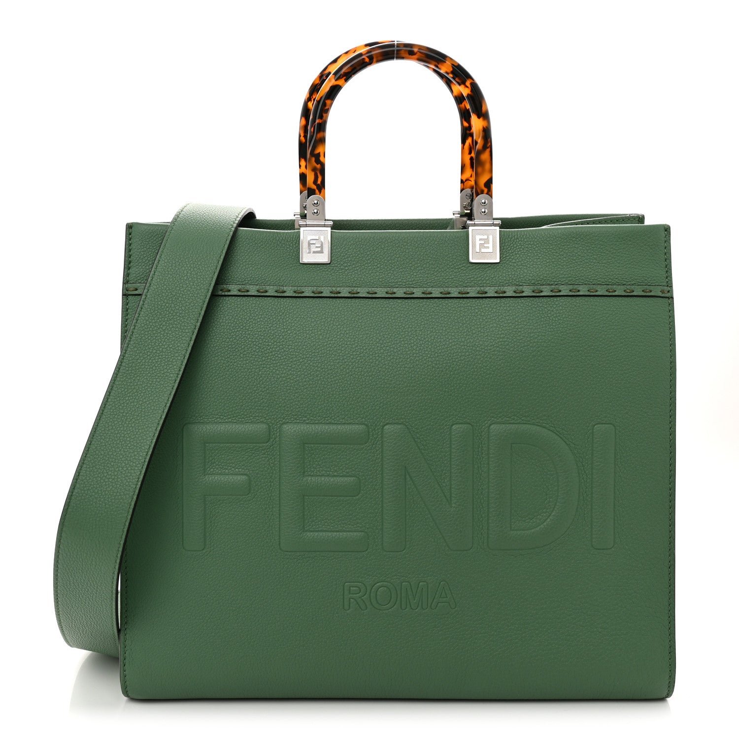 Fendi Vitello Cher Plexiglass Logo Debossed Medium Fendi Sunshine Shopper Tote Verde Islanda
