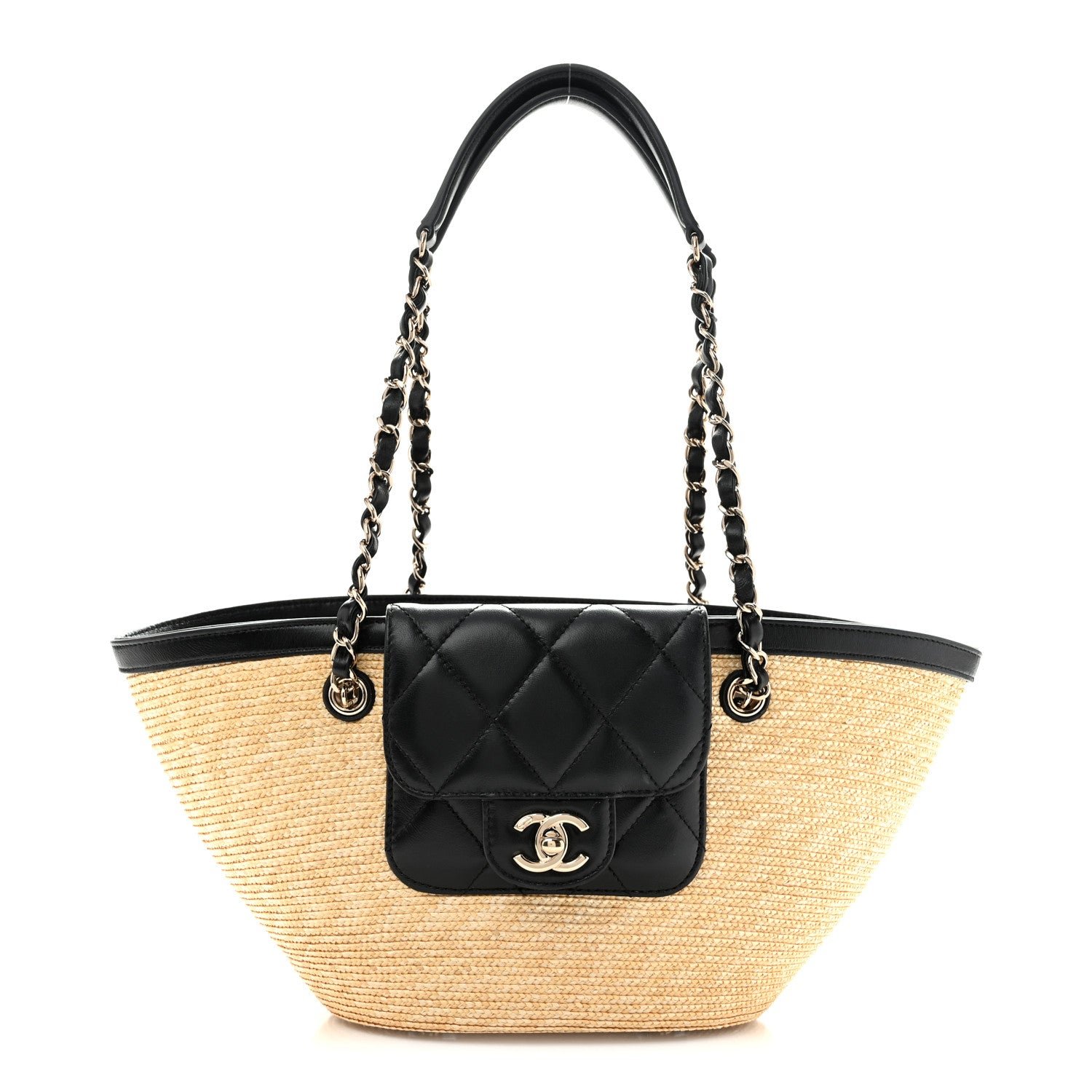 Chanel Raffia Braided Lambskin Small Shopping Tote Beige Black