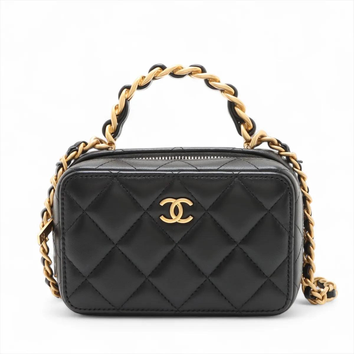 Chanel Matelasse Lambskin 2 Way Handbag Black Gold Metal Fittings random serial
