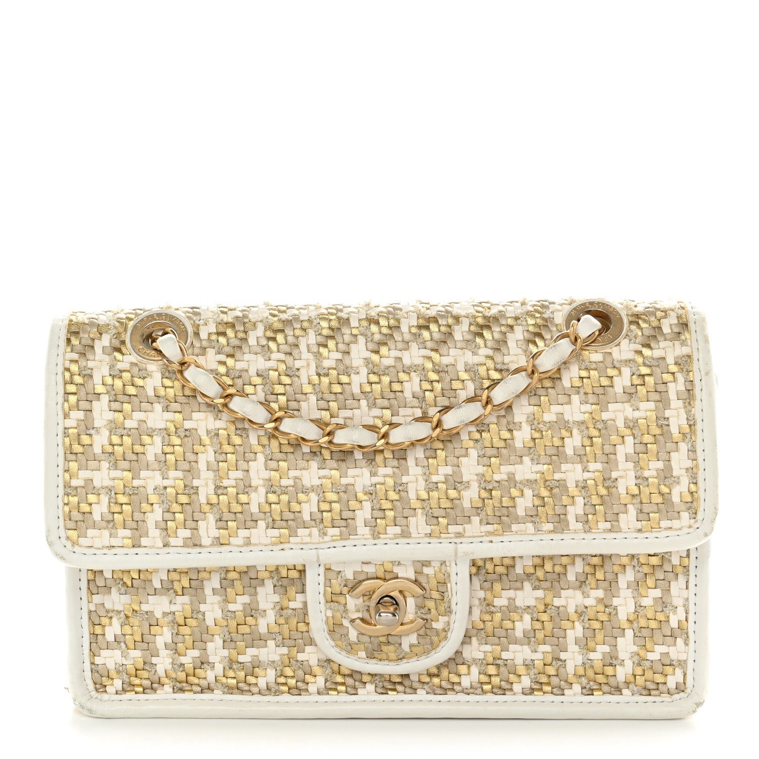 Chanel Metallic Lambskin Viscose Woven Flap Gold White