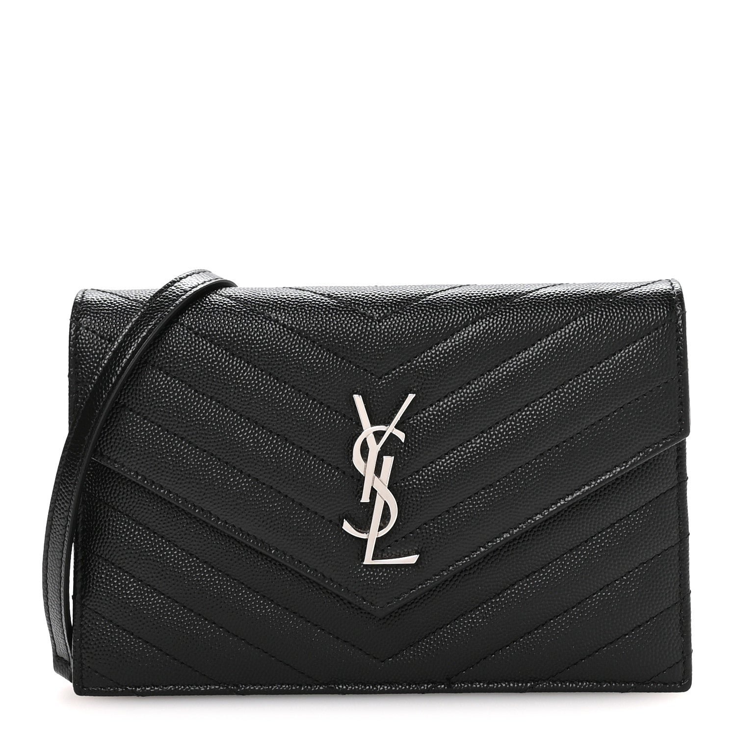 Saint Laurent Grain De Poudre Matelasse Chevron Monogram Envelope Chain Wallet Black