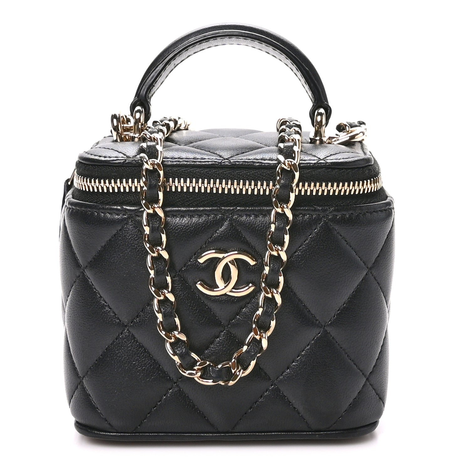 Chanel Lambskin Quilted Top Handle Mini Vanity Case With Chain Black