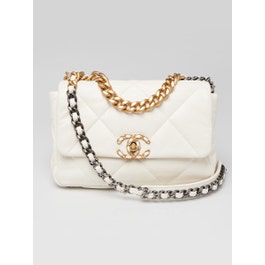 Chanel White Quilted Lambskin Leather Chanel 19 Small Flap Bag