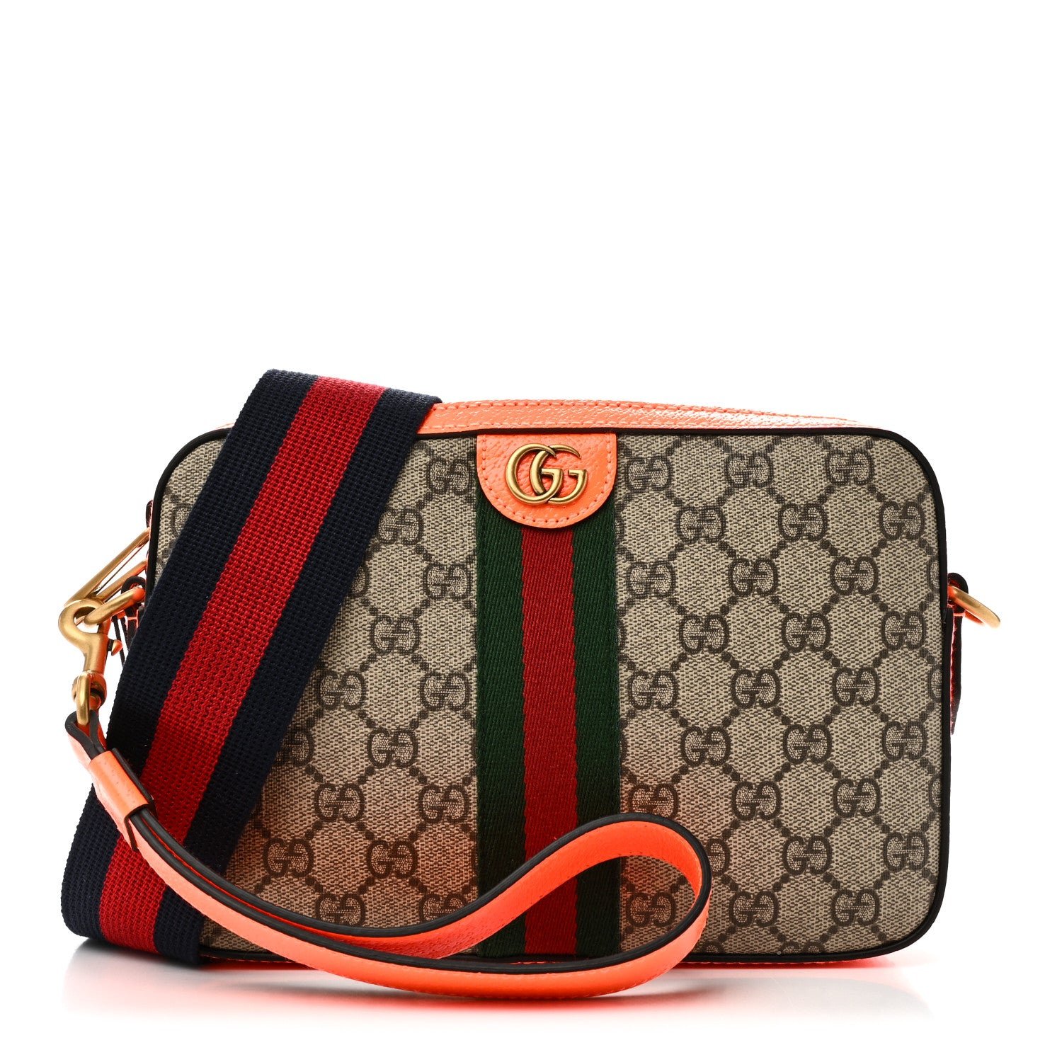 Gucci GG Supreme Monogram Textured Dollar Calfskin Web Ophidia Wristlet Shoulder Bag Beige Ebony Orange